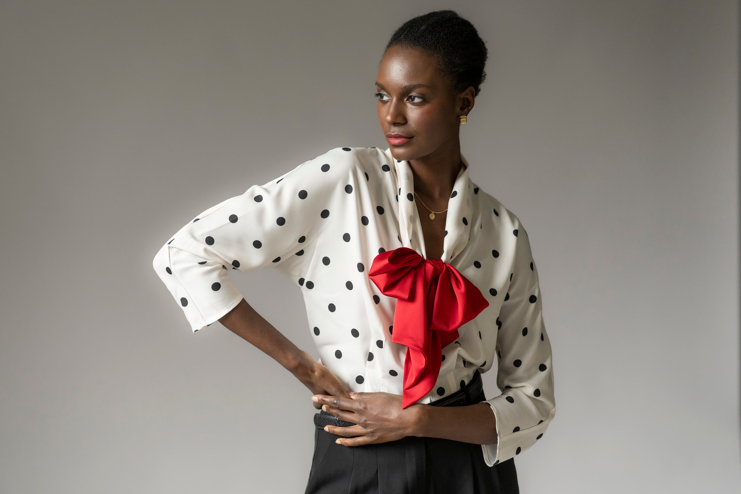 Celeste Tailored Fit Ivory & Black Polka Dot Blouse With Red Bow