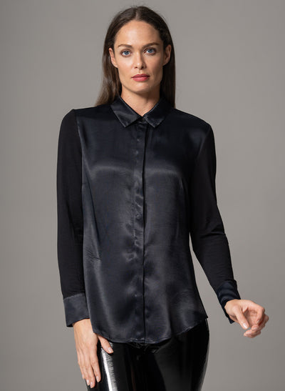 LYNETTE BLACK CLASSIC FIT JERSEY AND WOVEN SATIN BLEND SHIRT