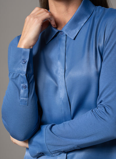 LYNETTE MID-BLUE CLASSIC FIT JERSEY AND WOVEN SATIN BLEND SHIRT