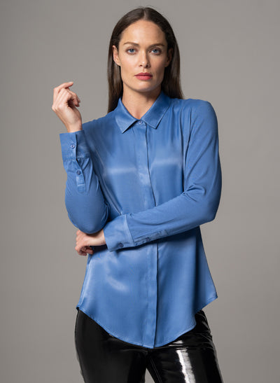 LYNETTE MID-BLUE CLASSIC FIT JERSEY AND WOVEN SATIN BLEND SHIRT