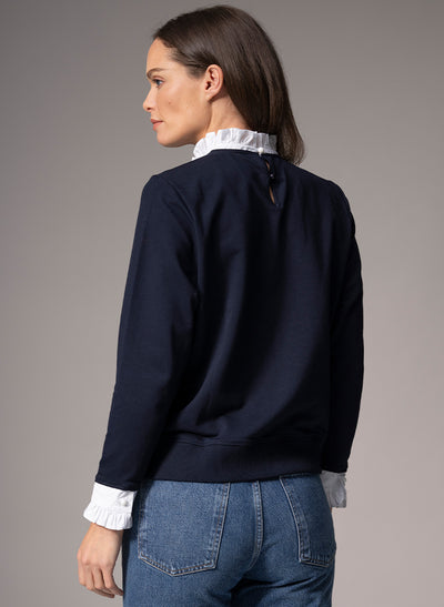 THEA SHIRT SWEATER IN NAVY WITH WHITE COTTON TRIM