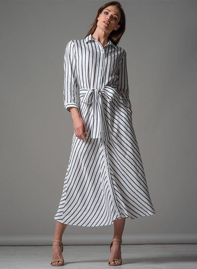 VERONICA COTTON BUTTON DOWN MIDAXI SHIRT DRESS IN NAVY AND WHITE STRIPE