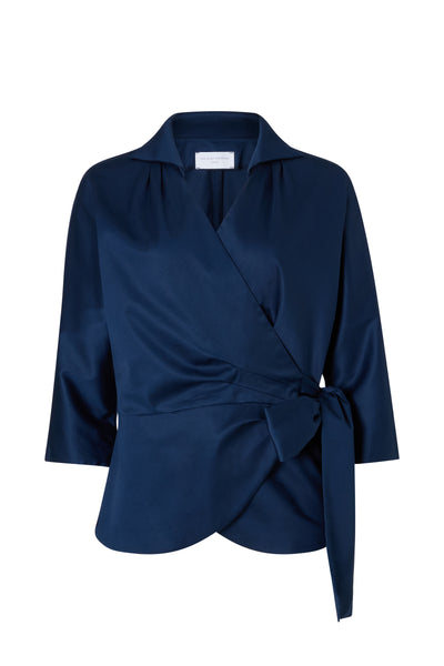 Abigail Midnight Blue Wrap Cotton Poplin Blouse