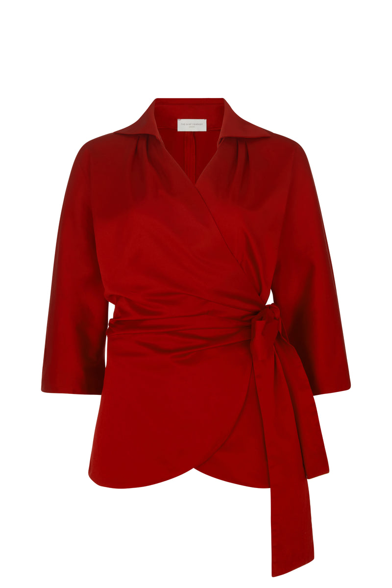 Abigail Ruby Red Wrap Cotton Poplin Blouse