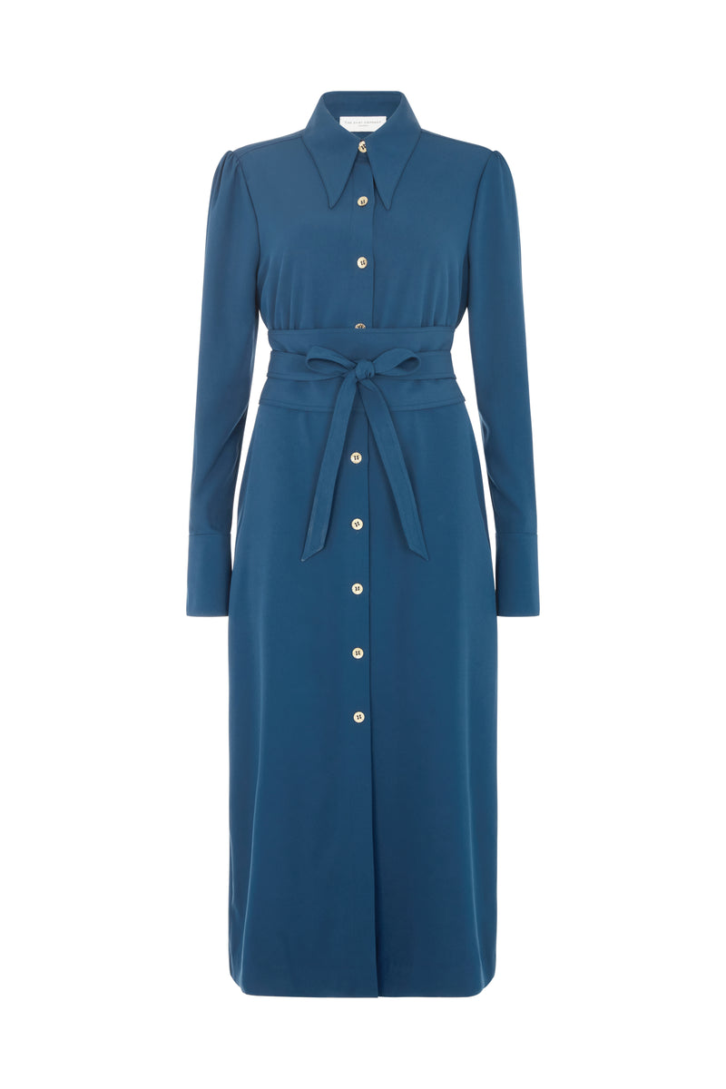 Allegra Prussian Blue Everyday Midi Shirt Dress with Obi Belt