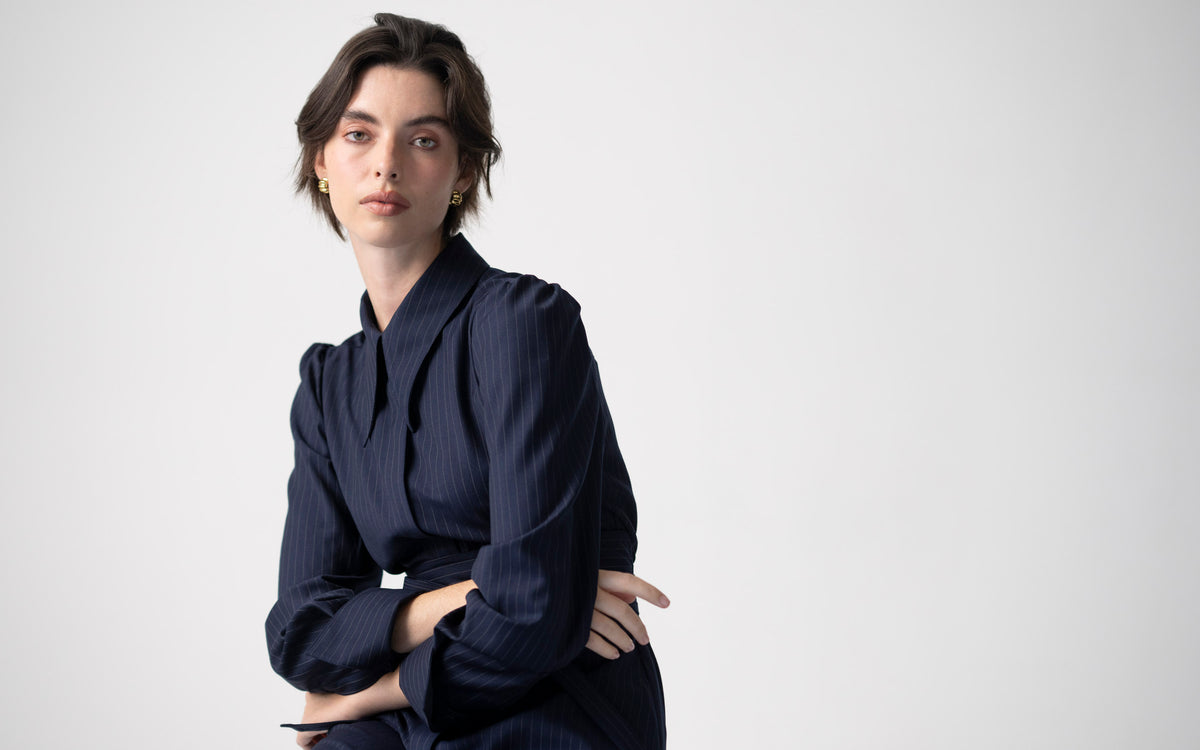 The Shirt Company ALLEGRA SHIRT DRESS - Navy Pinstripe, 100% Wool Flannel