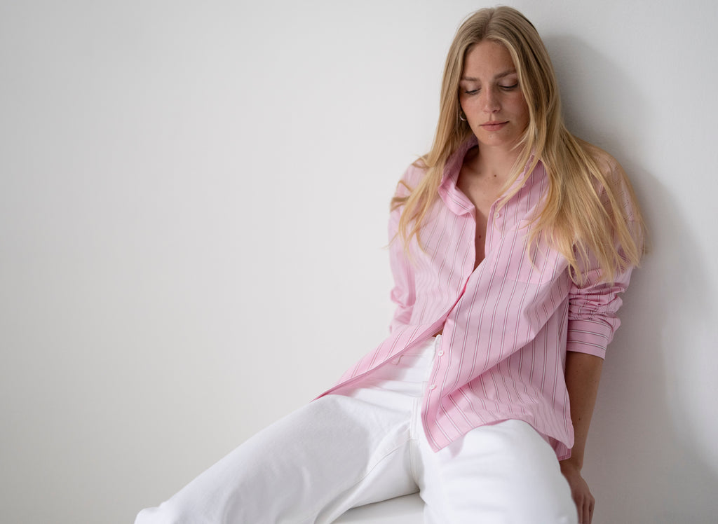 Ana the Oversized Shirt in Pink Cherry Stripe Cotton Poplin