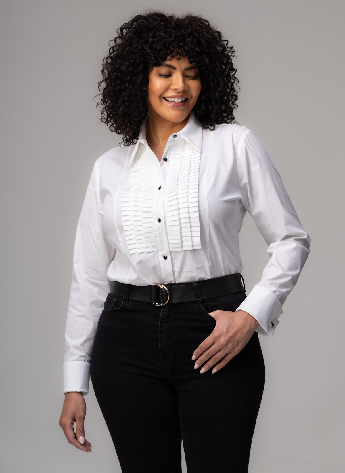 plus-size white tuxedo shirt with pleated front for women