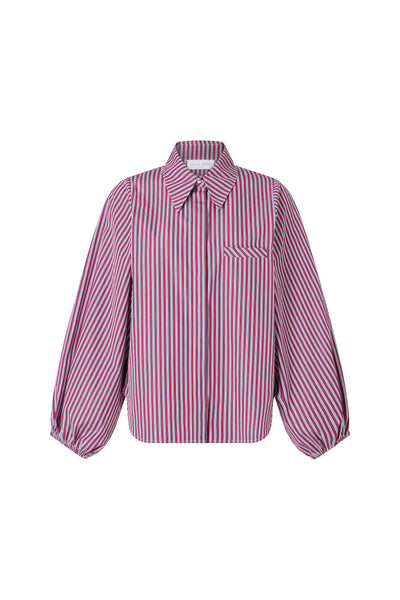 Candice Burgundy Stripe Contemporary Blouson Sleeve Cotton Shirt