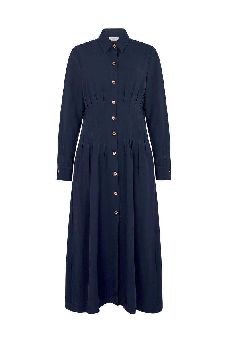 Cara Navy Waist Defining Fit and Flare Midi Shirt Dress