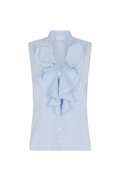 Cecilia Blue Stripe Cotton Poplin Sleeveless Frill Front Shirt