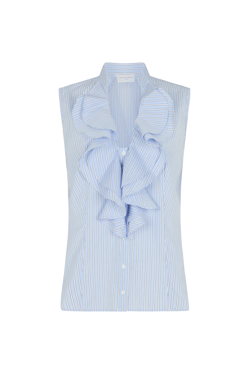 Cecilia Blue Stripe Cotton Poplin Sleeveless Frill Front Shirt
