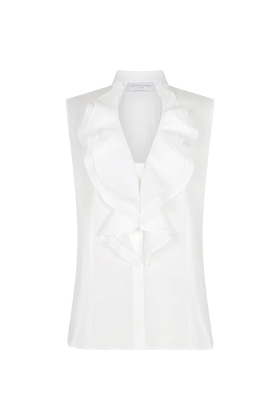 Cecilia White Cotton Poplin Sleeveless Frill Front Shirt