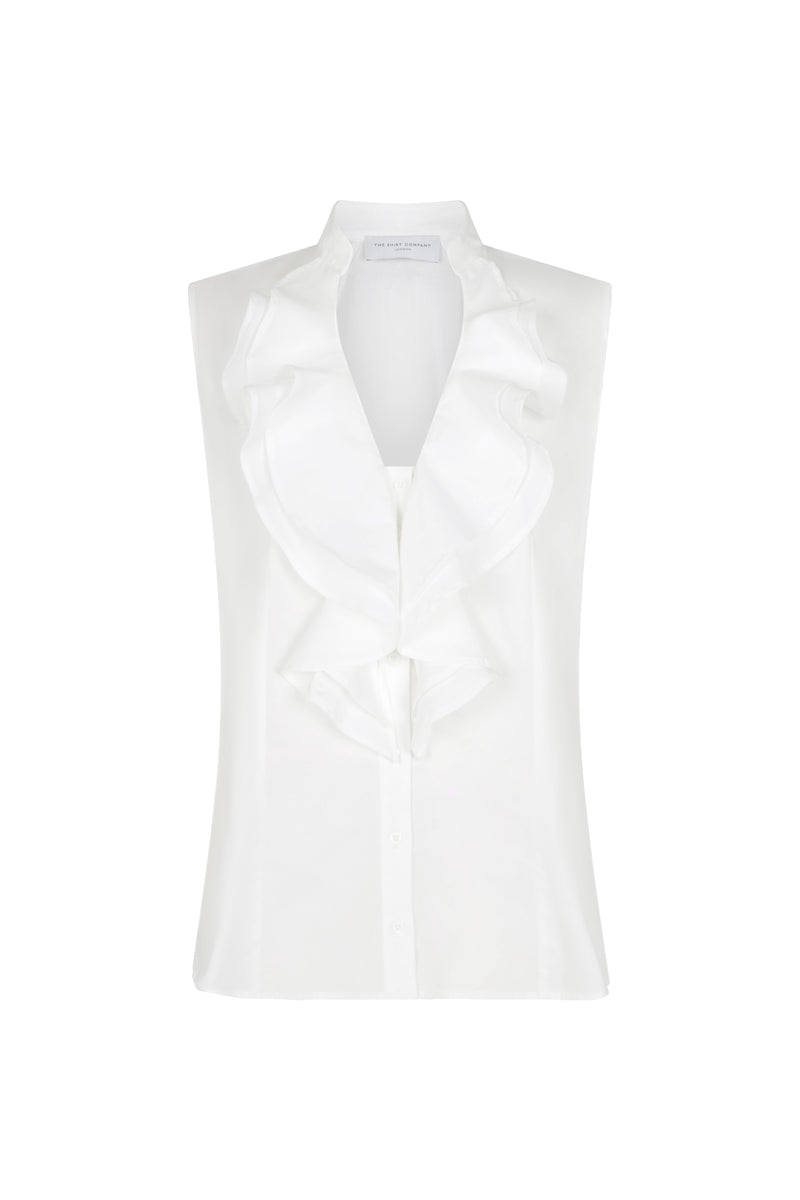 Cecilia White Cotton Poplin Sleeveless Frill Front Shirt