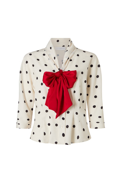 Celeste Ivory & Black Polka Dot Blouse with Red Pussy Bow