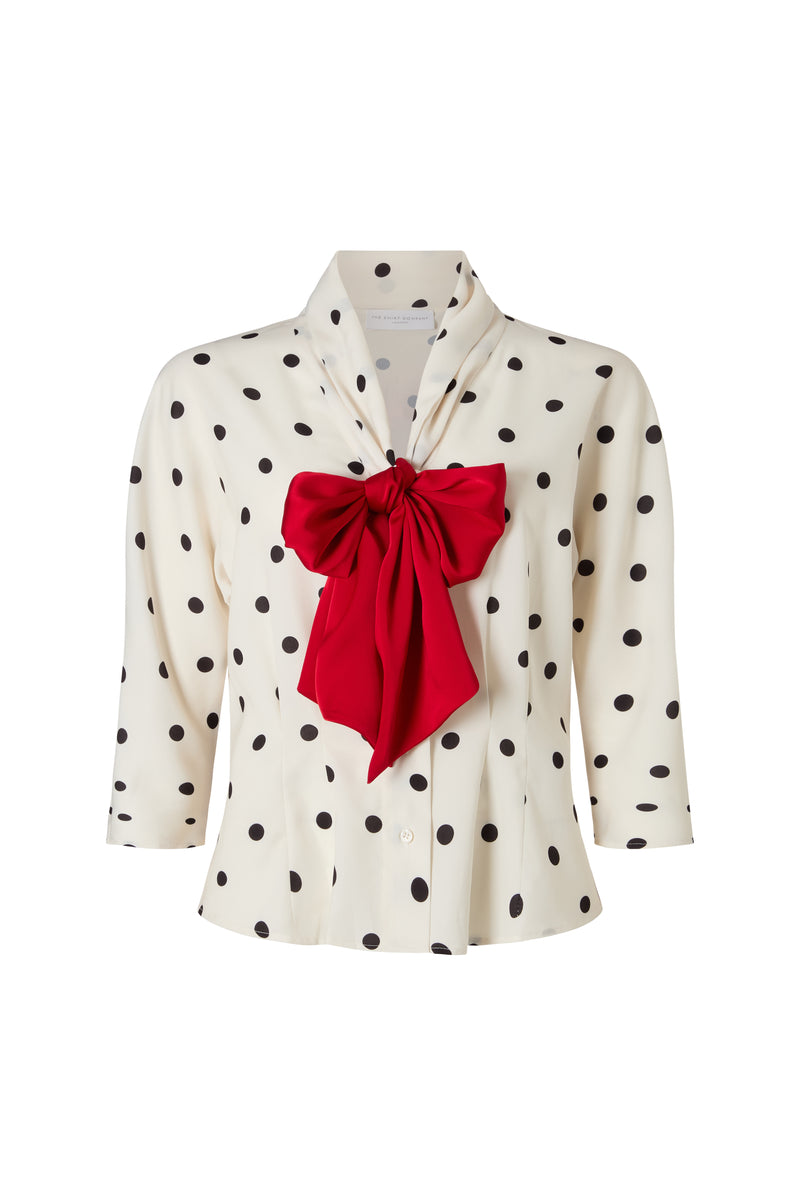 Celeste Ivory & Black Polka Dot Blouse with Red Pussy Bow
