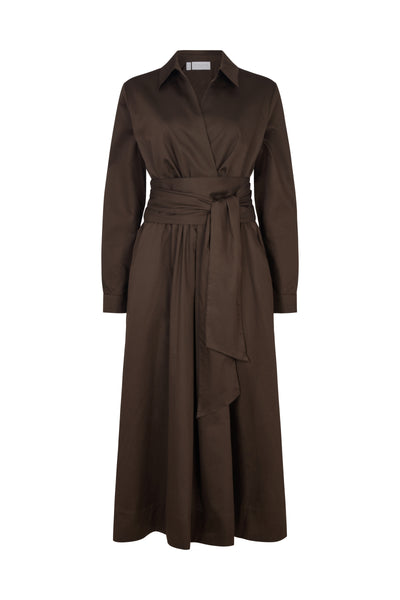 Christiane Chocolate Cotton Sateen Everyday Midi Length Shirt Dress