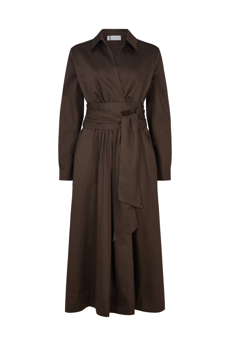 Christiane Chocolate Cotton Sateen Everyday Midi Length Shirt Dress