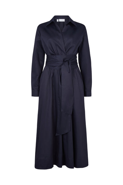 Christiane Navy Cotton Sateen Everyday Midi Length Shirt Dress