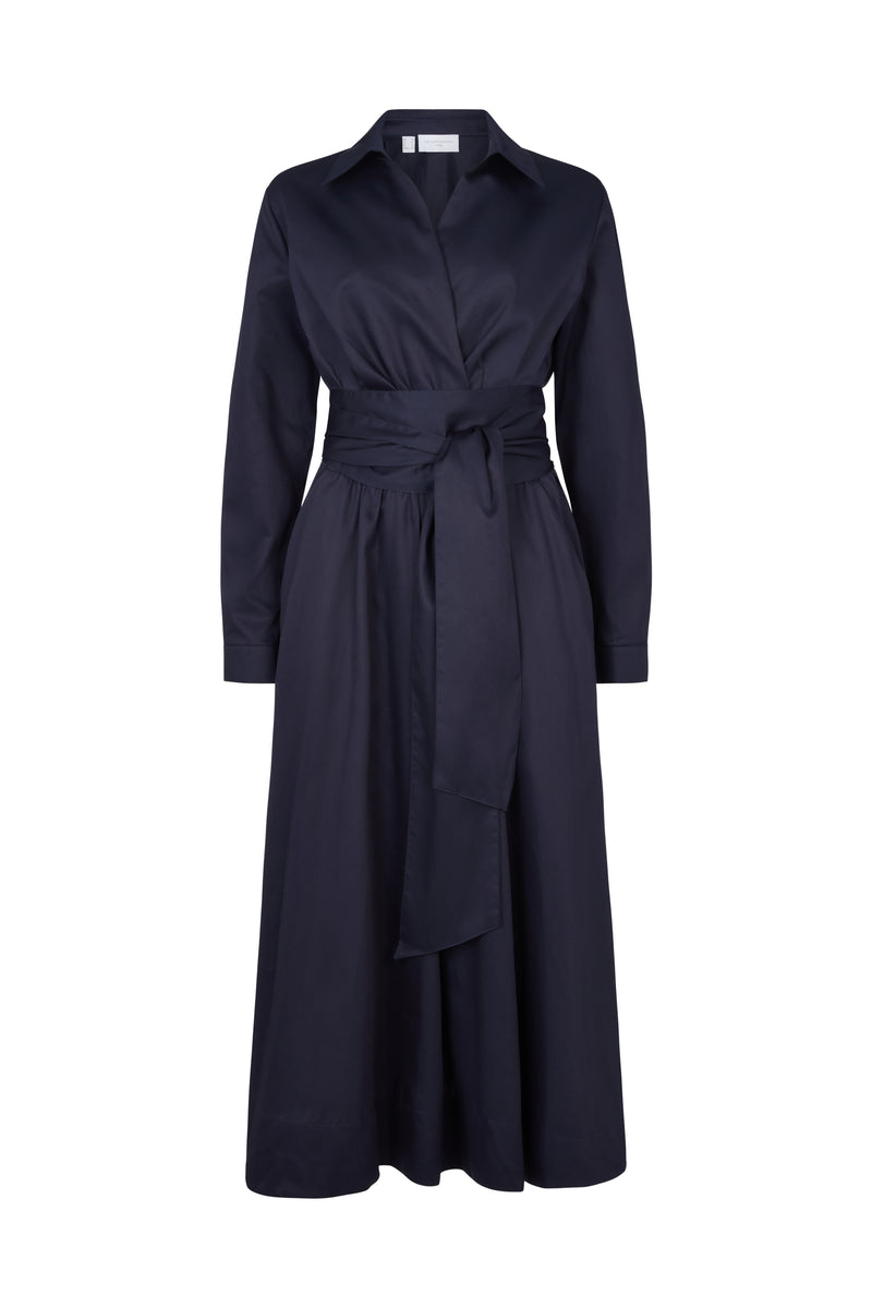 Christiane Navy Cotton Sateen Everyday Midi Length Shirt Dress