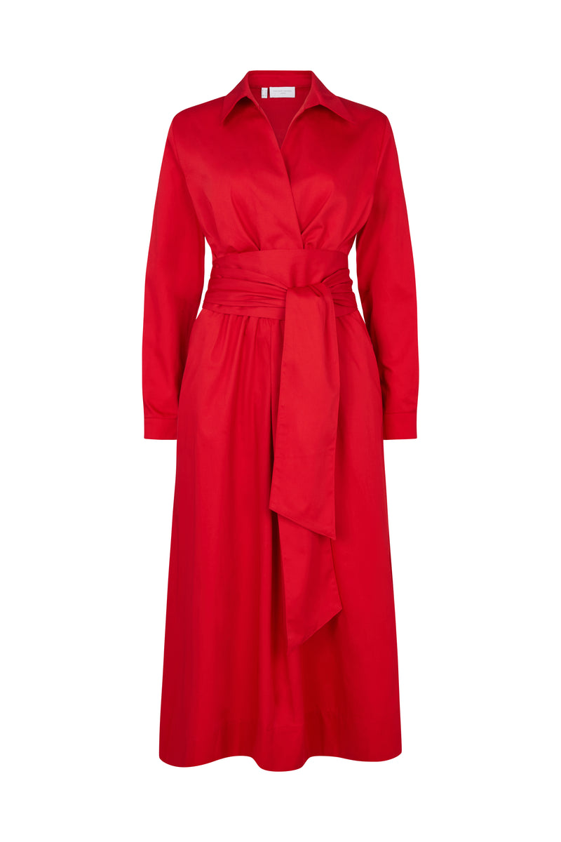 Christiane Red Cotton Sateen Everyday Midi Length Shirt Dress