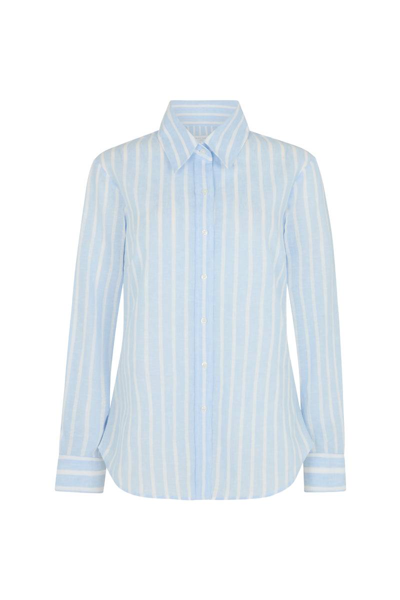Colleen "The Classic" Blue Stripe Linen Semi-fit Basic Shirt