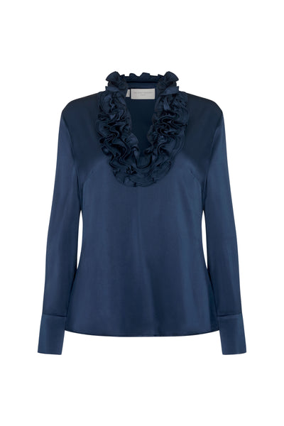Constance Sapphire Ruffle Collar Silk Satin Evening Blouse