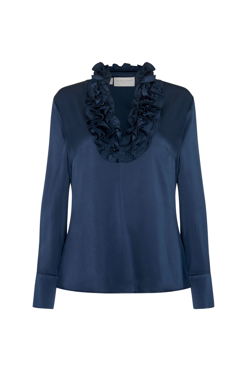 Constance Sapphire Ruffle Collar Silk Satin Evening Blouse