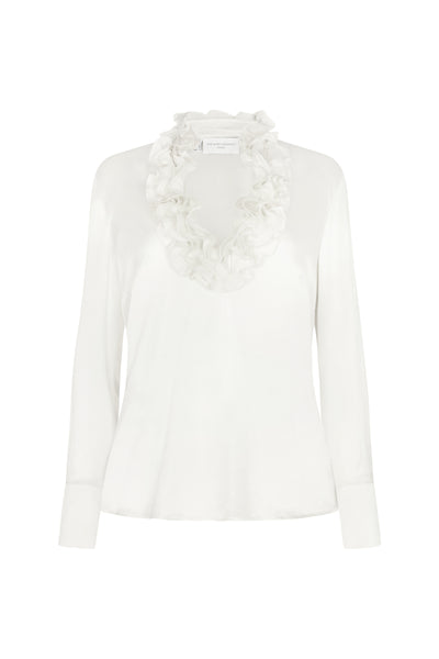 Constance Ivory Ruffle Collar Silk Satin Evening Blouse