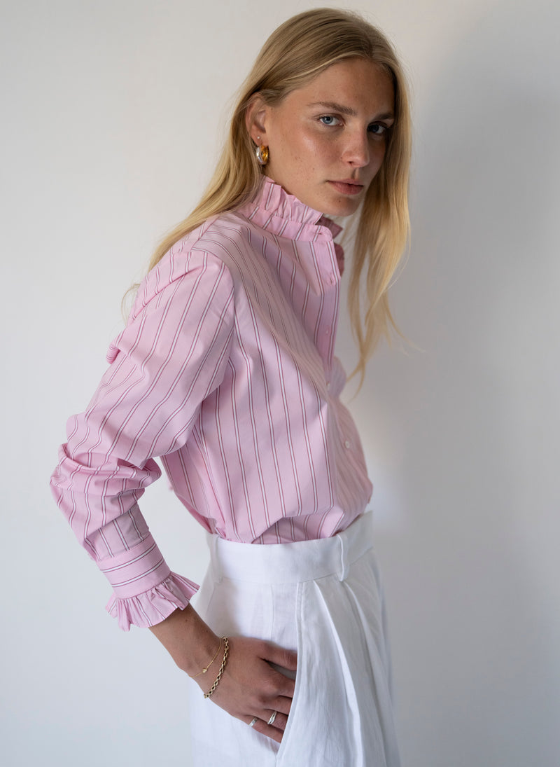 CATALINA RELAXED FIT FRILL COLLAR SHIRT IN PINK STRIPE COTTON POPLIN ...
