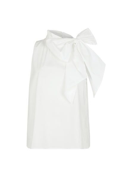 Emilia White Cotton Poplin Sleeveless Pussybow Shirt