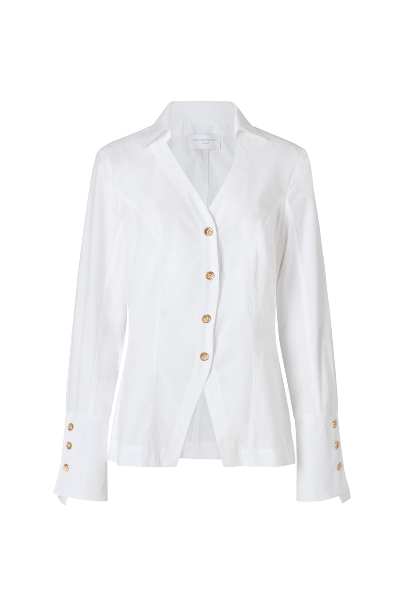 Esmeralda White V-Neck Tailored Shirt with Split Hem