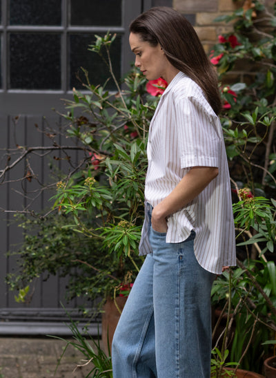 MALIBU BEIGE & WHITE STRIPE SHORT SLEEVE COTTON & LINEN HOLIDAY SHIRT WITH REVER COLLAR