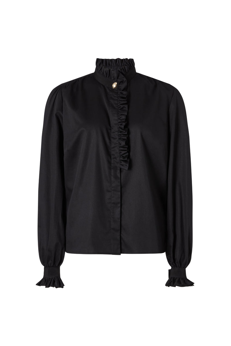 Kristen Black Frill Collar Shirt with Grosgrain Trim