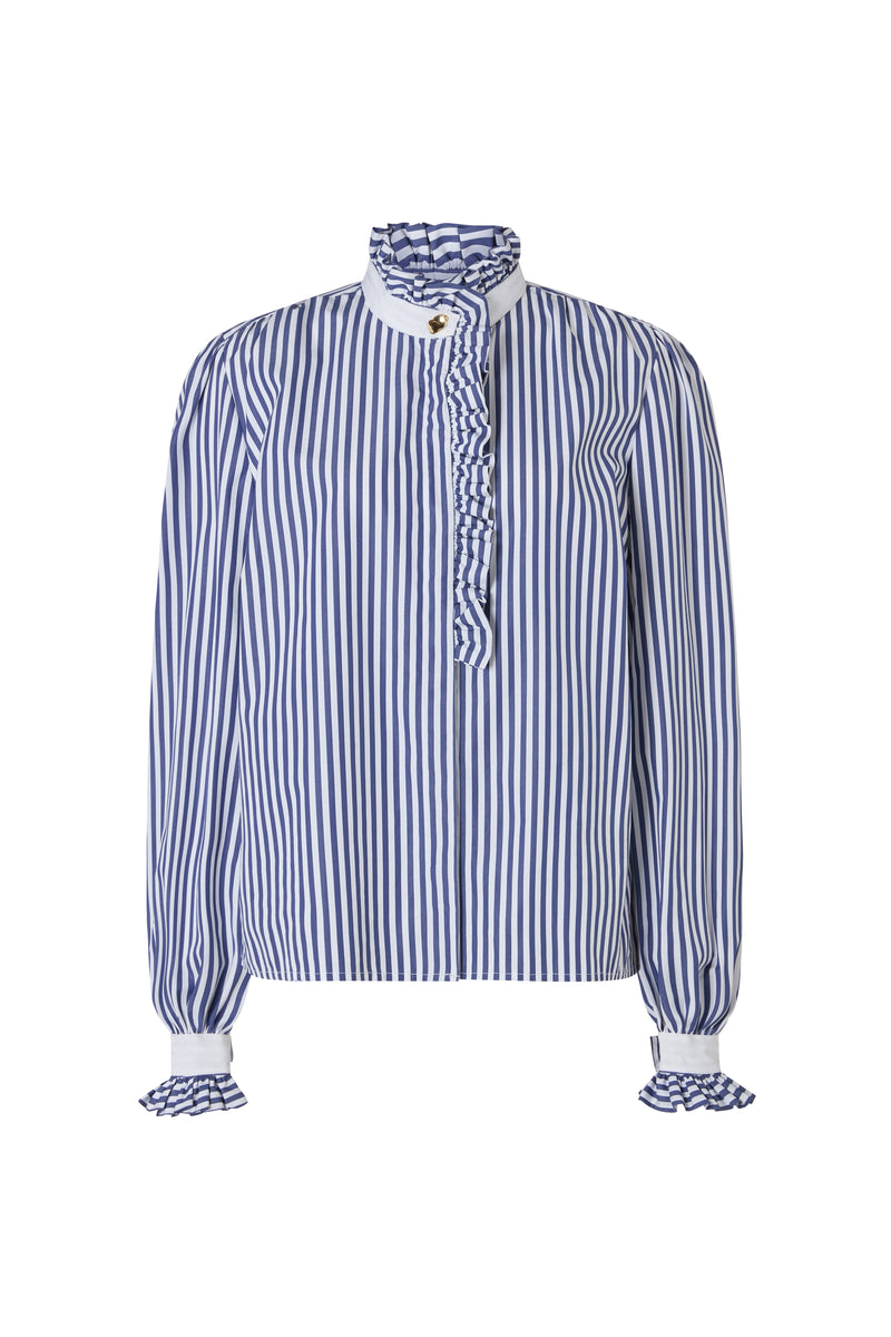 Kristen Navy & White Stripe Frill Collar Shirt with Grosgrain Trim