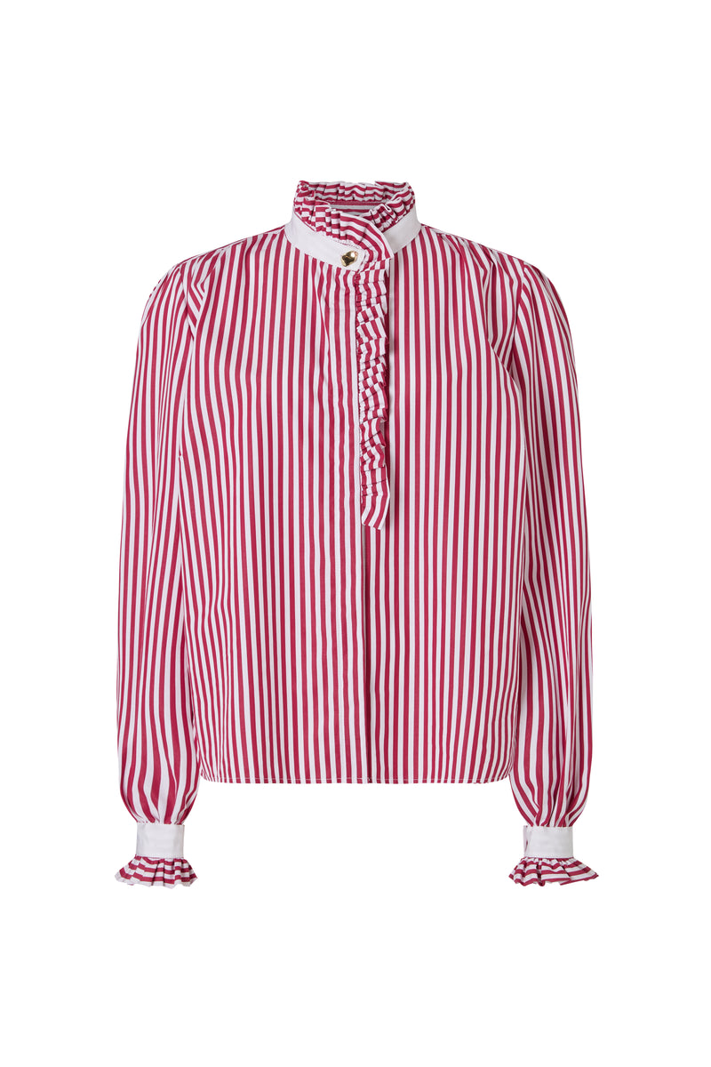Kristen Red & White Stripe Frill Collar Shirt with Grosgrain Trim