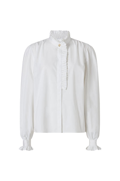 Kristen White Frill Collar Shirt with Grosgrain Trim