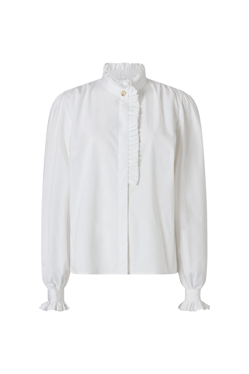 Kristen White Frill Collar Shirt with Grosgrain Trim