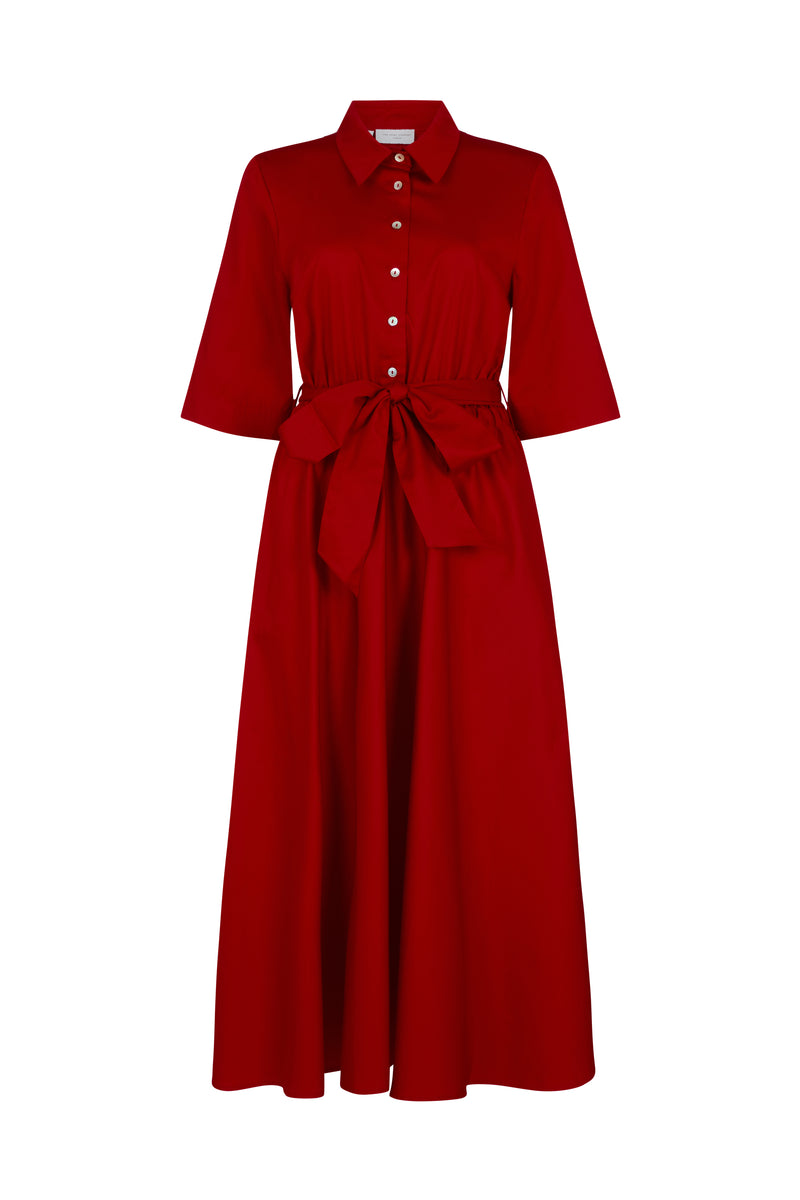 Le Marais Red Cotton Everyday Midi Shirt Dress