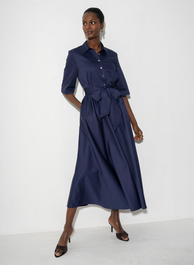 Le Marais Relaxed Fit Midi Shirt Dress in Navy Cotton Sateen – The