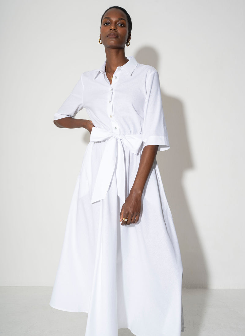 Le Marais Relaxed Fit Midi Shirt Dress in White Linen – The Shirt Company