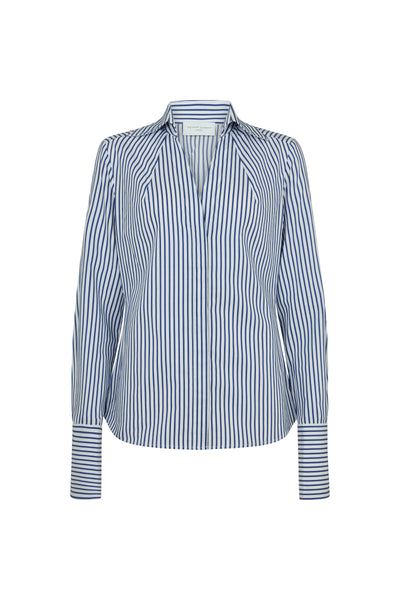 Madelena "The Boss" Blue & White Stripe Tailored V-Neck Cotton Shirt