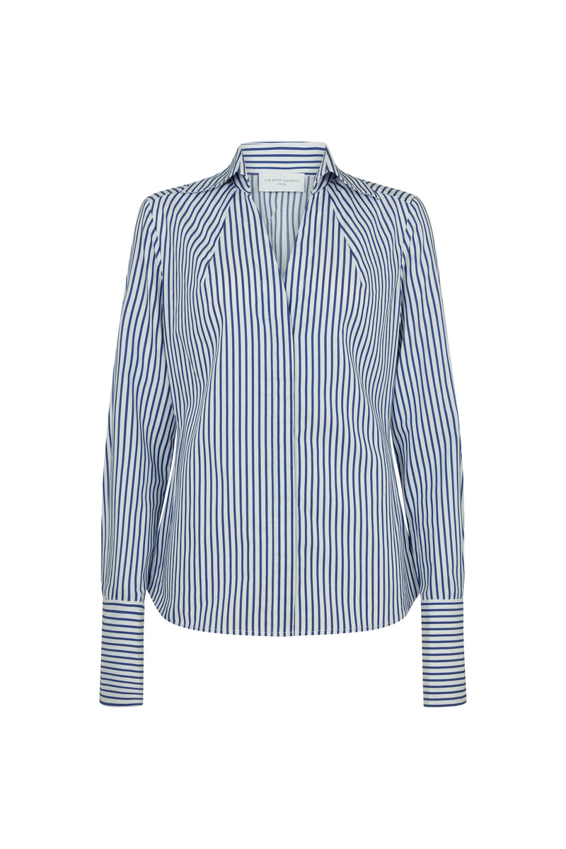 Madelena "The Boss" Blue & White Stripe Tailored V-Neck Cotton Shirt