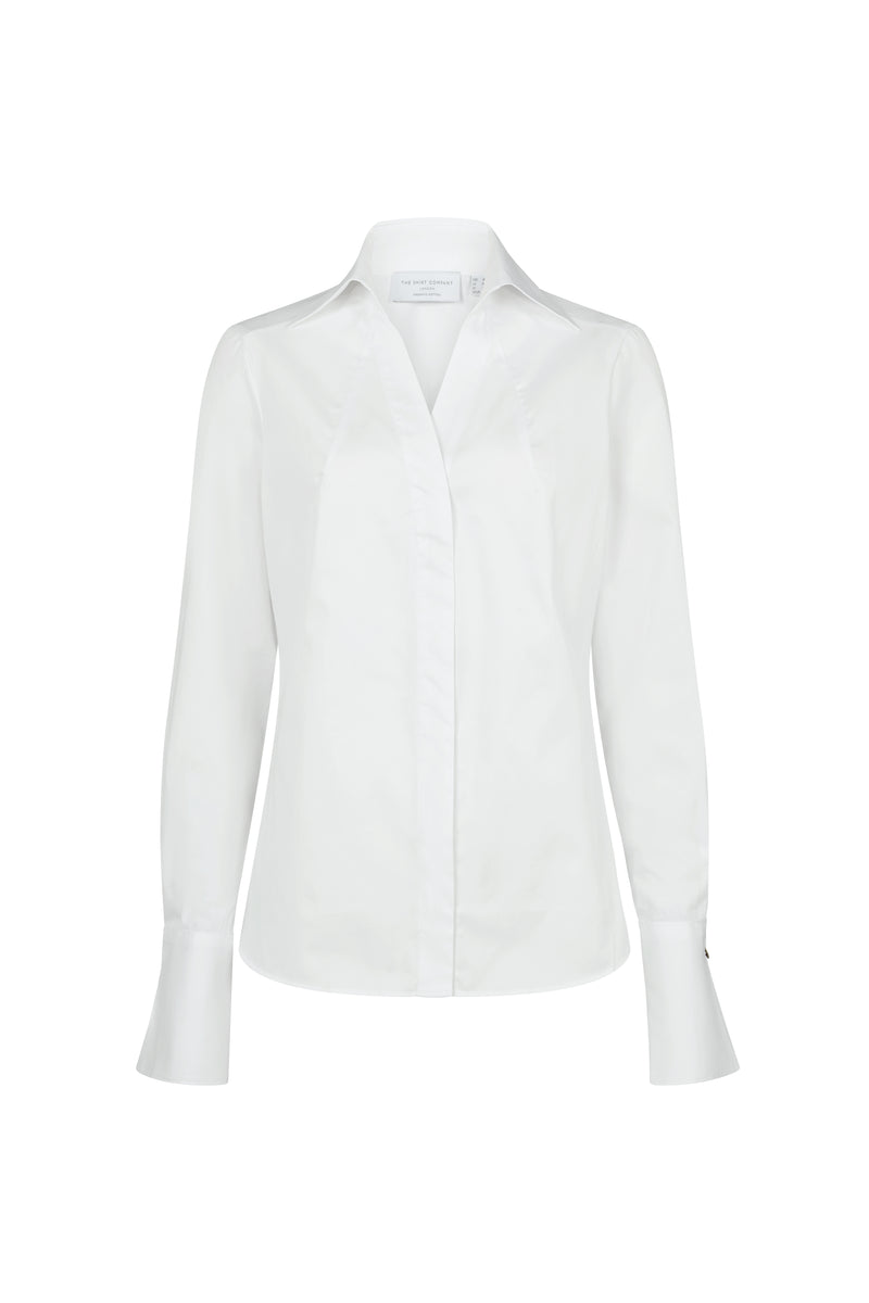 Madelena "The Boss" White Tailored V-Neck Cotton Shirt