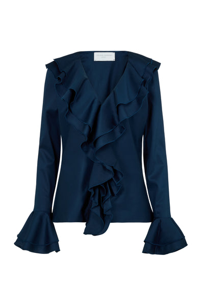Marcella Navy Ruffle Pop-over Cotton Blouse