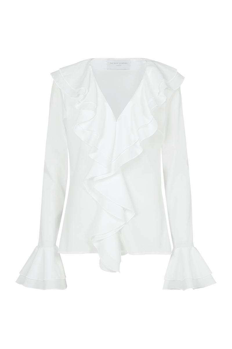 Marcella White Ruffle Pop-over Cotton Blouse