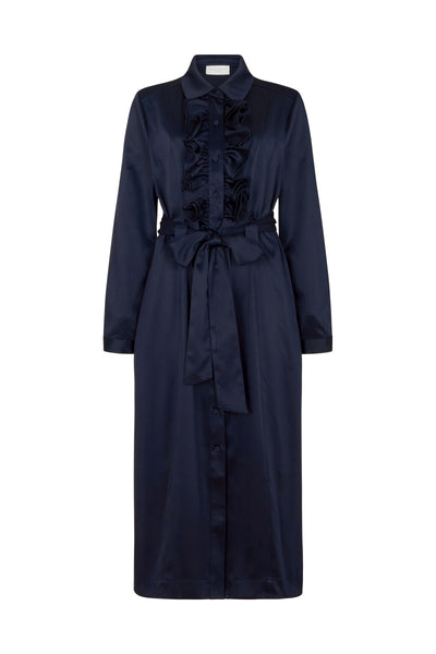 Maria Navy Long Sleeve Frill Front Midi Shirt Dress