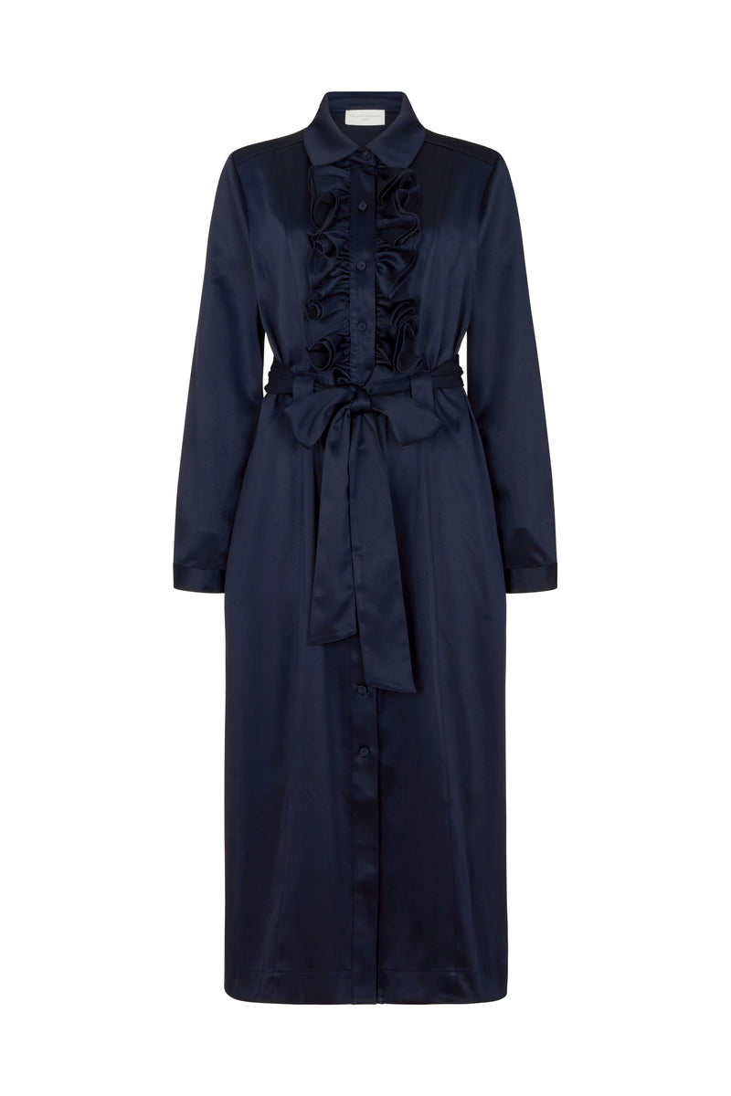 Maria Navy Long Sleeve Frill Front Midi Shirt Dress