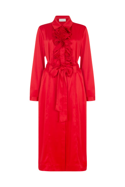 Maria Red Long Sleeve Frill Front Midi Shirt Dress