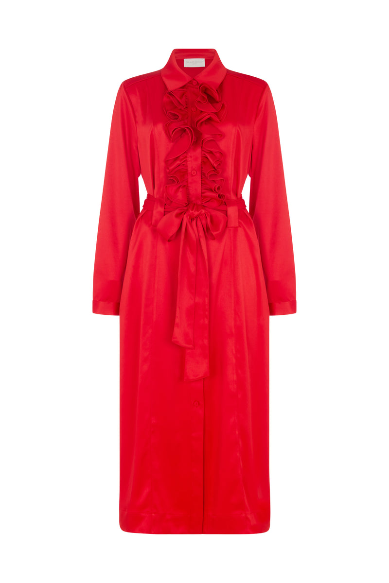 Maria Red Long Sleeve Frill Front Midi Shirt Dress